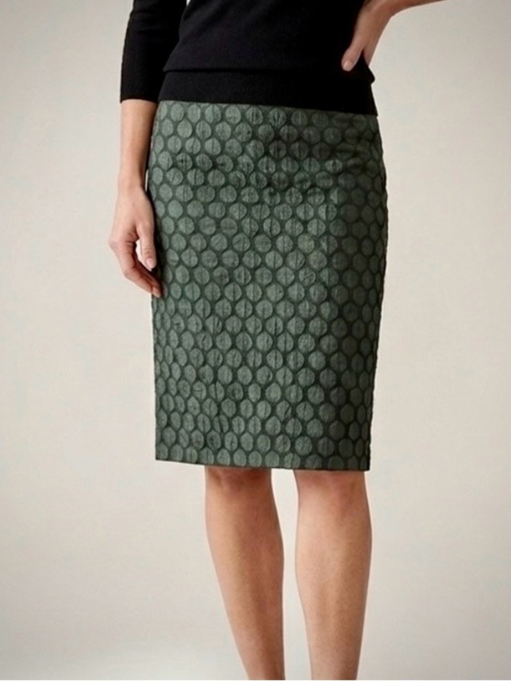 Anthropologie Maeve Goban Green Jacquard Polka Dot Pencil Midi Skirt Size 4